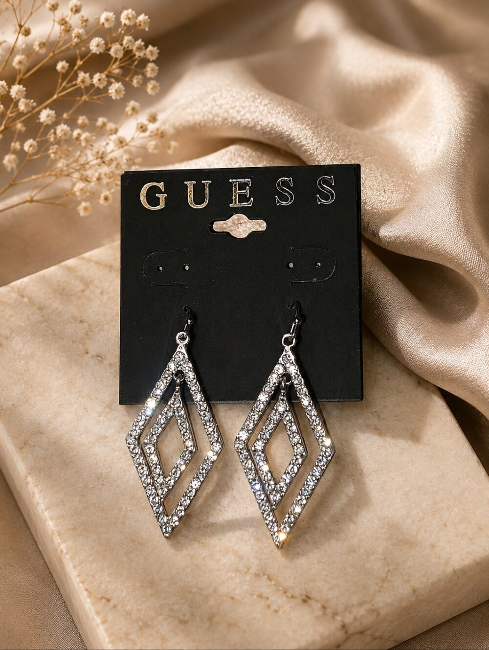GUESS Silver Crystal Double Diamond Drop Earrings Vintage
